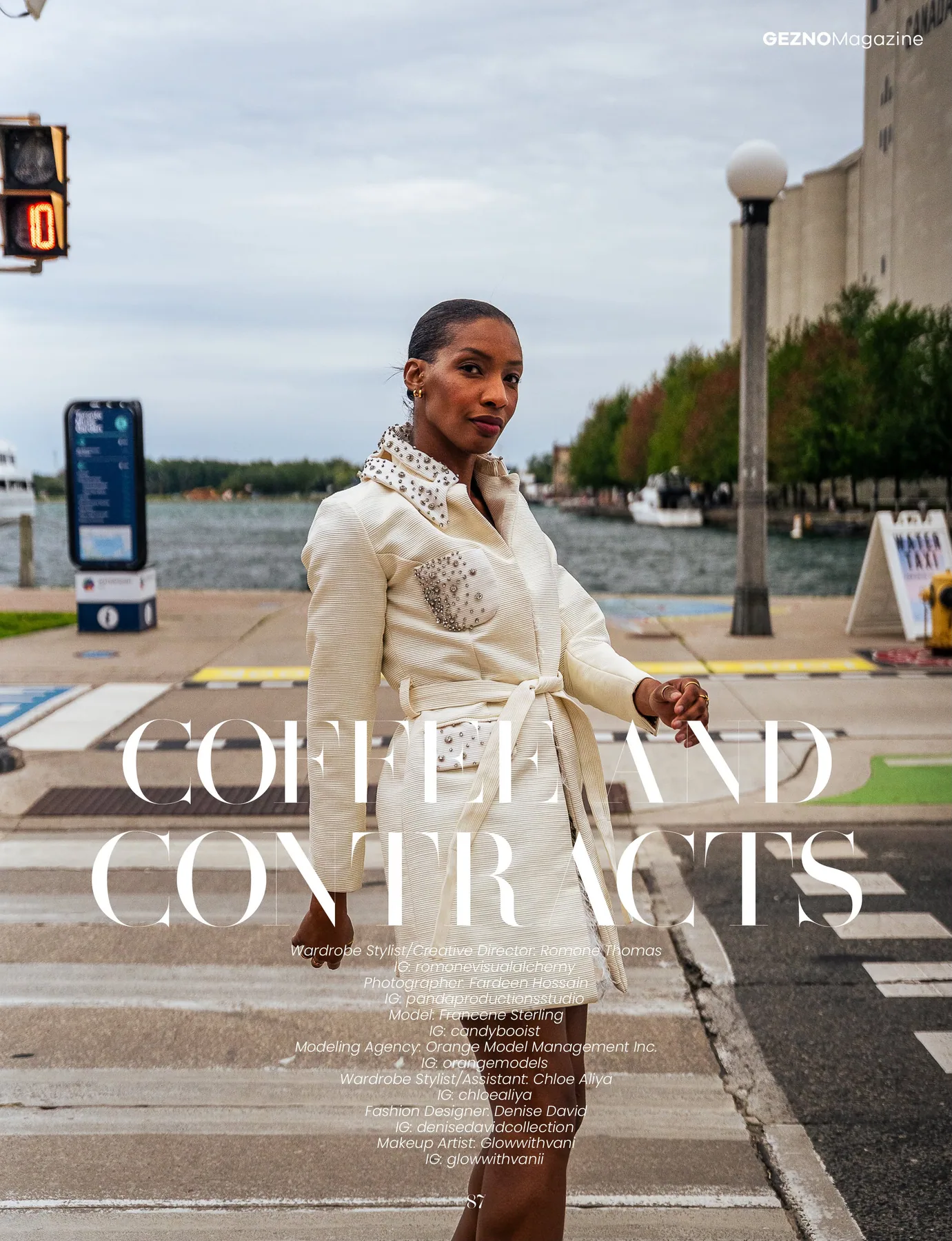 Coffee and Contracts title portrait in GEZNO Magazine, featuring a model in a cream jacket at a city crossing