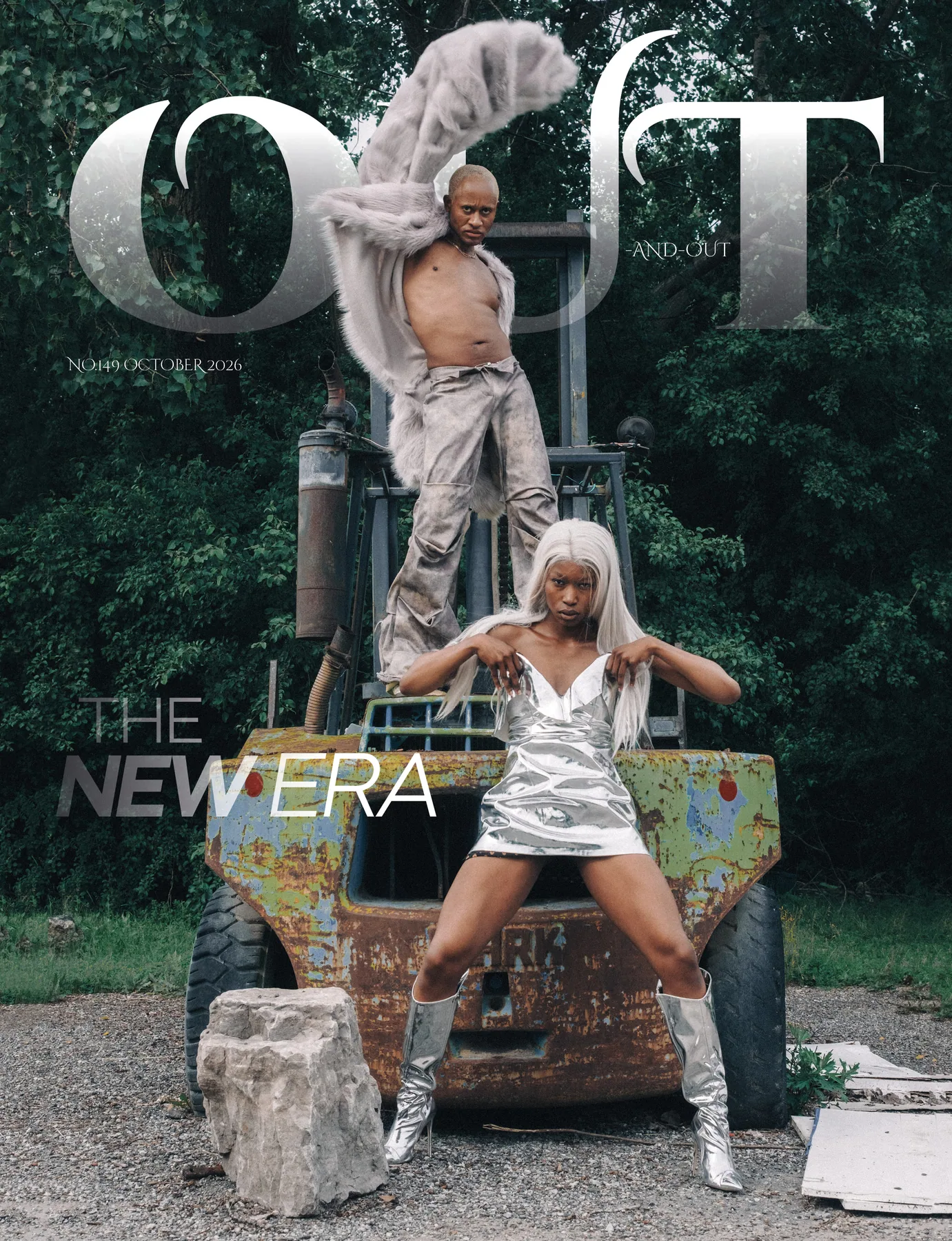 OUT-AND-OUT October 2026 cover for The New Era, with two models in metallic fashion